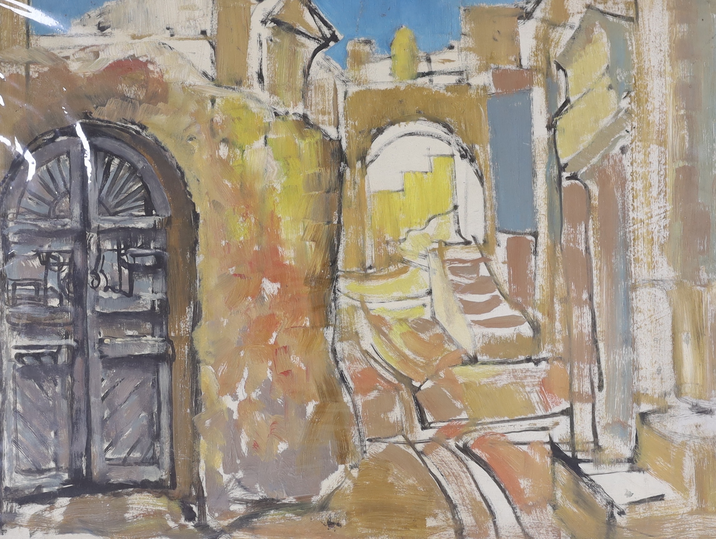 Modern British, oil on board, North African alleyways, 46 x 61cm, unframed